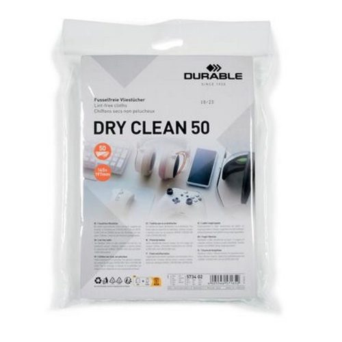 Tisztítókendő, képernyőhöz, 50 db, DURABLE "DRY CLEAN 50", fehér