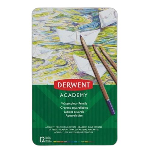 Akvarell ceruza készlet, fém doboz, DERWENT "Academy", 12 különböző szín