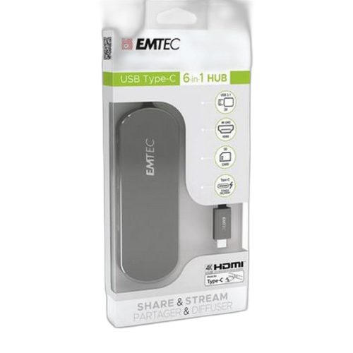 USB elosztó-HUB, USB-C/USB 3.1/HDMI/SD kártya, EMTEC "T650C"