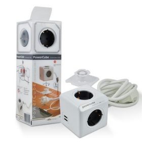   Elosztó, 4 aljzat, 1 rögzítő elem, 2 USB csatlakozó, 3 m kábelhosszúság, ALLOCACOC "PowerC...