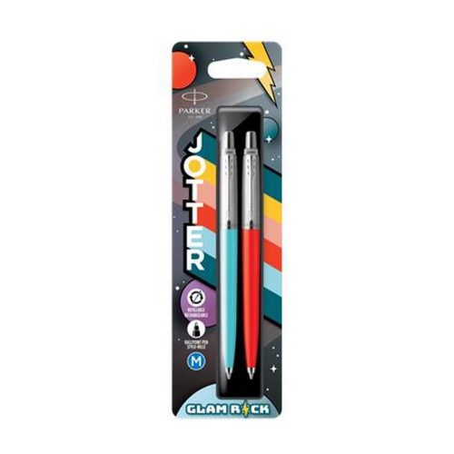 Golyóstoll szett, 0,7 mm, ezüst színű klip, piros és kék tolltest, PARKER "Jotter Glam Roc...
