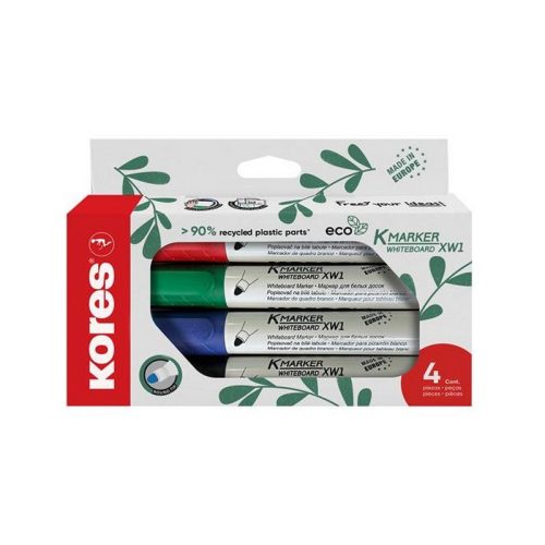 Tábla- és flipchart marker készlet, 3 mm, kúpos, KORES "ECO K-Marker XW1", 4 különböző szí...