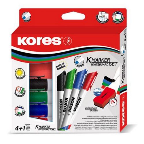 Tábla- és flipchart marker készlet mágneses táblatörlő szivaccsal, 3 mm, kúpos KORES "XW1"...