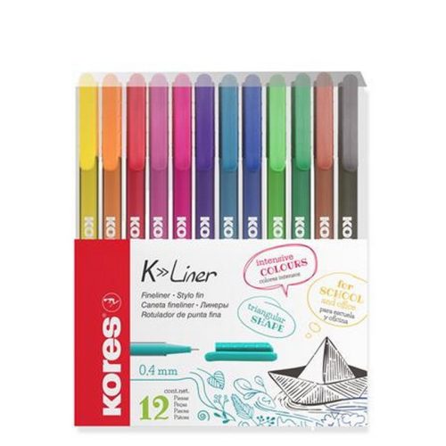 Tűfilc készlet, 0,4 mm, KORES "K-Liner", 12 különböző szín