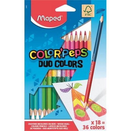 Színes ceruza készlet, háromszögletű, kétvégű, MAPED "Color'Peps Duo", 36 különböző szín