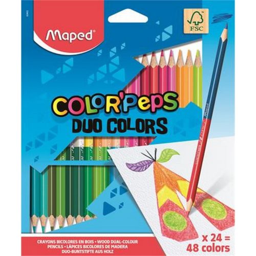 Színes ceruza készlet, háromszögletű, kétvégű, MAPED "Color'Peps Duo", 48 különböző szín