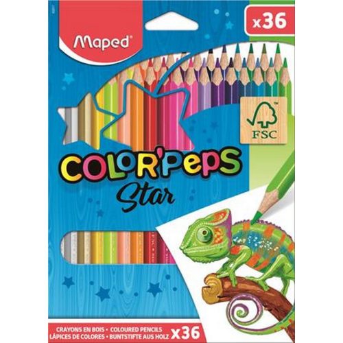 Színes ceruza készlet, háromszögletű, MAPED "Color'Peps Star", 36 különböző szín