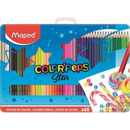 Színes ceruza készlet, háromszögletű, fém doboz, MAPED "Color'Peps Star", 48 különböző szí...