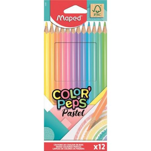 Színes ceruza készlet, háromszögletű, MAPED "Color'Peps Pastel", 12 különböző pasztell szí...