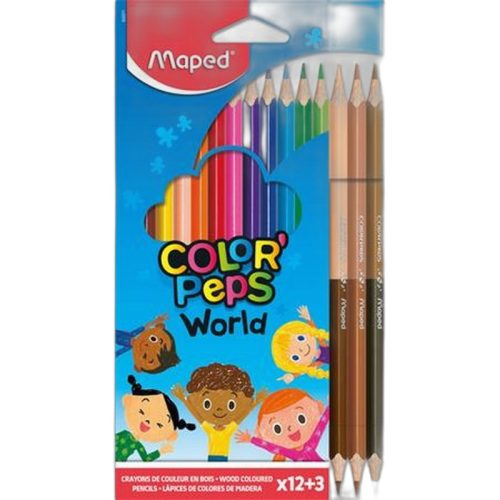 Színes ceruza készlet, háromszögletű, MAPED "Color'Peps World", 12 különböző szín + 3 kétv...