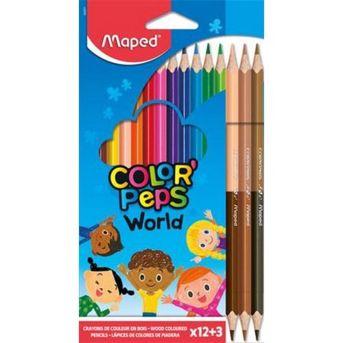 Színes ceruza készlet, háromszögletű, MAPED "Color'Peps World", 12 különböző szín + 3 kétv...