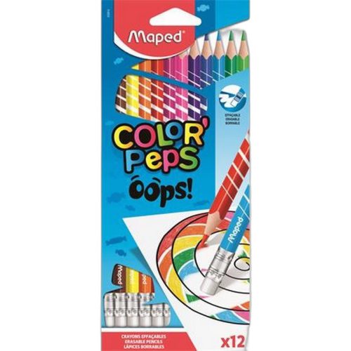 Színes ceruza készlet, háromszögletű, radírozható, MAPED "Color'Peps Oops", 12 különböző s...