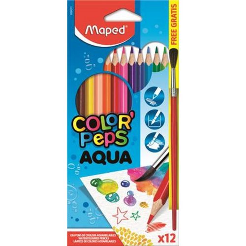 Akvarell ceruza készlet, háromszögletű, ecsettel, MAPED "Color'Peps", 12 különböző szín