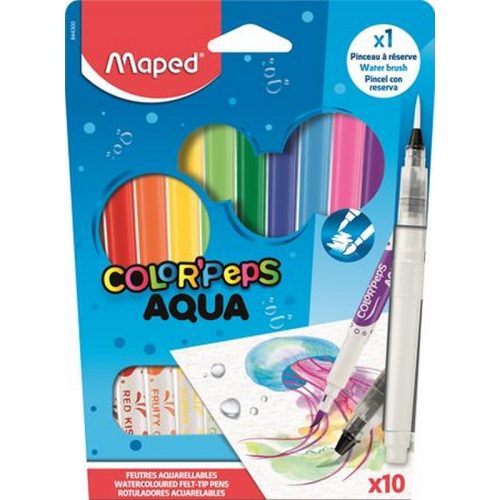 Akvarell filctoll készlet, 3,6 mm, ecsettel, MAPED "Color'Peps Aqua", 10 különböző szín