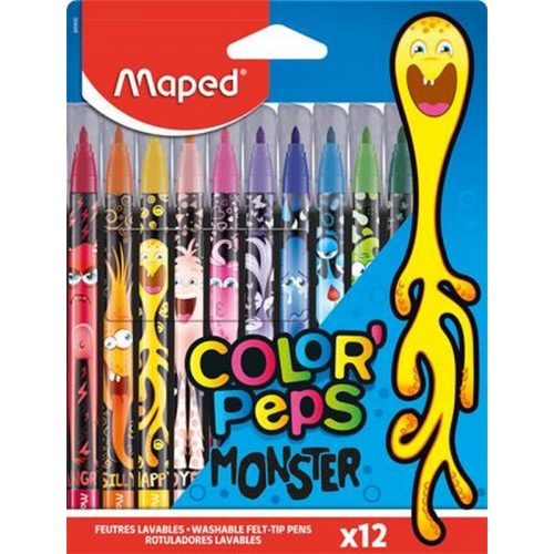 Filctoll készlet, 2,8 mm, kimosható, MAPED "Color'Peps Monster" 12 különböző szín