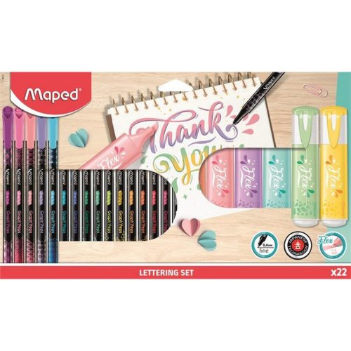 Kalligrafikus készlet, 22 darabos, MAPED "Lettering Set", 6 szövegkiemelő + 16 tűfilc külö...