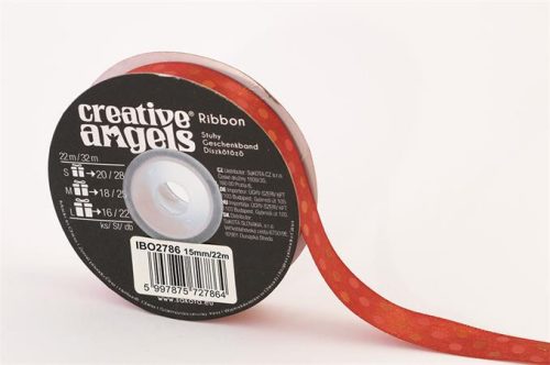 Szatén szalag, 15 mm x 22 m, piros vegyes pötyökkel