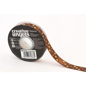 Szatén szalag, 15 mm x 22 m, bronz vegyes pötyökkel