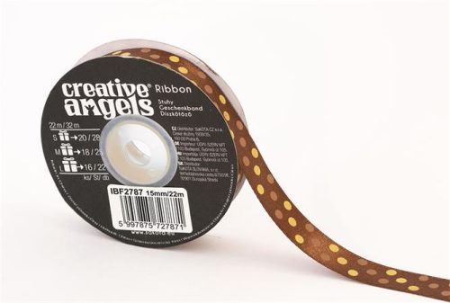 Szatén szalag, 15 mm x 22 m, bronz vegyes pötyökkel