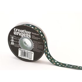   Szatén szalag, 15 mm x 22 m, sötétzöld vegyes pötyökkel