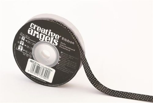 Szatén szalag, 15 mm x 22 m, fekete fehér pötyökkel