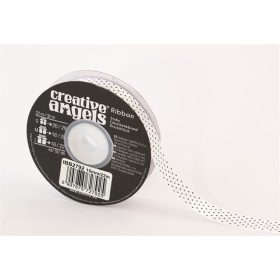 Szatén szalag, 15 mm x 22 m, fehér fekete pötyökkel