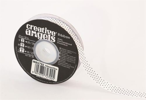 Szatén szalag, 15 mm x 22 m, fehér fekete pötyökkel