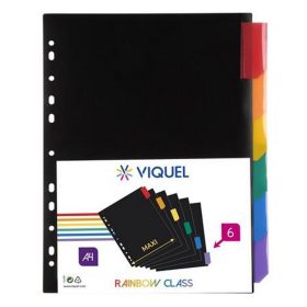   Regiszter, műanyag, A4 Maxi, 6 részes, VIQUEL "Rainbow Class", fekete