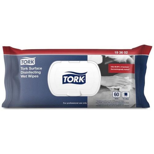 Felületfertőtlenítő tisztítókendő, nedves, 1 rétegű, 60 lap, visszazárható csomag, TORK, c...