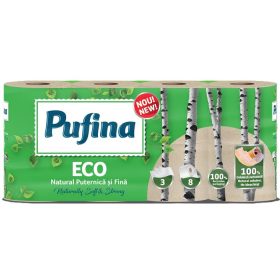   Toalettpapír, 3 rétegű, kistekercses, 8 tekercs, PUFINA "Eco", fehérítetlen és vegyszermen...