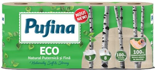 Toalettpapír, 3 rétegű, kistekercses, 8 tekercs, PUFINA "Eco", fehérítetlen és vegyszermen...