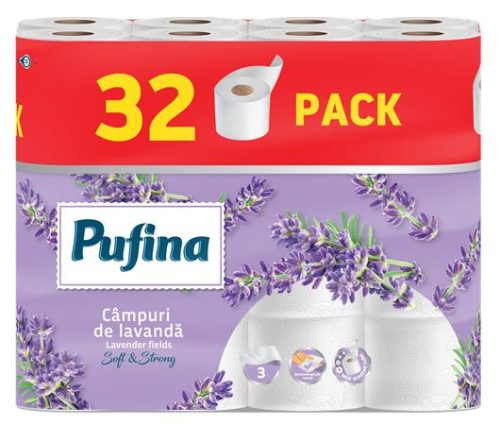 Toalettpapír, 3 rétegű, kistekercses, 32 tekercs, PUFINA "Lavender Fields", levendula illa...