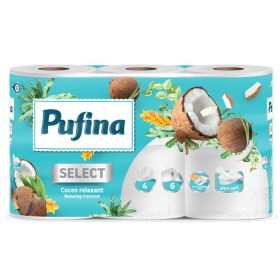   Toalettpapír, 4 rétegű, kistekercses, 6 tekercs, PUFINA "Relaxing Coconut", kókusz illatta...