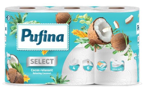Toalettpapír, 4 rétegű, kistekercses, 6 tekercs, PUFINA "Relaxing Coconut", kókusz illatta...