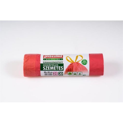 Szemeteszsák, újrahasznosított, húzófüles, 25 l, 20 db, 50x55 cm, 16 µ, MAZZINI, piros