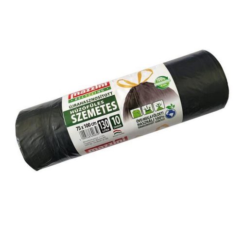 Szemeteszsák, újrahasznosított húzófüles, 130 l, 10 db, 75x100 cm, 32 µ, MAZZINI, fekete