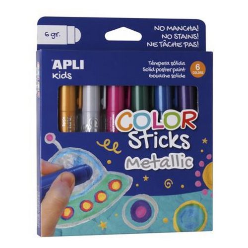 Tempera stift készlet, toll alakú, APLI "Kids", 6 különböző metál szín