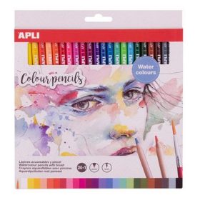   Akvarell színes ceruza készlet, háromszögletű, ecsettel, APLI, 24 különböző szín