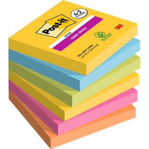 Öntapadó jegyzettömb, 76x76 mm, 6x90 lap, 3M POSTIT "Super Sticky", "Carnival", vegyes szí...