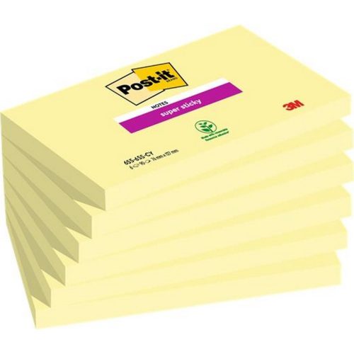 Öntapadó jegyzettömb csomag, 76x127 mm, 6x90 lap, 3M POSTIT "Super Sticky", kanári sárga