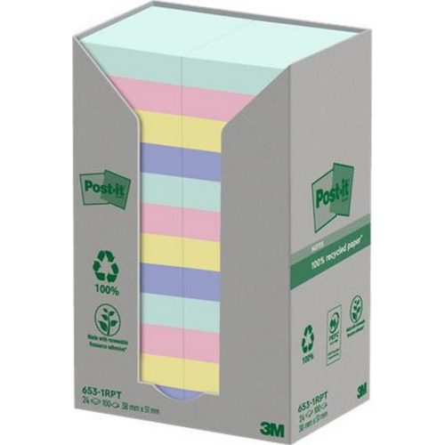 Öntapadó jegyzettömb, 38x51 mm, 24x100 lap, környezetbarát, 3M POSTIT "Nature", vegyes pas...