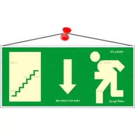  Információs tábla, 25x11,5 cm, fluoreszkáló, utánvilágítós, "Menekülési irány le, lépcső b...