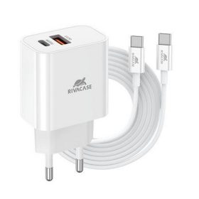   Hálózati töltő, 20W, USB-A és USB-C, USB-C, USB-C/USB-C töltőkábel, RIVACASE "PS4102", feh...