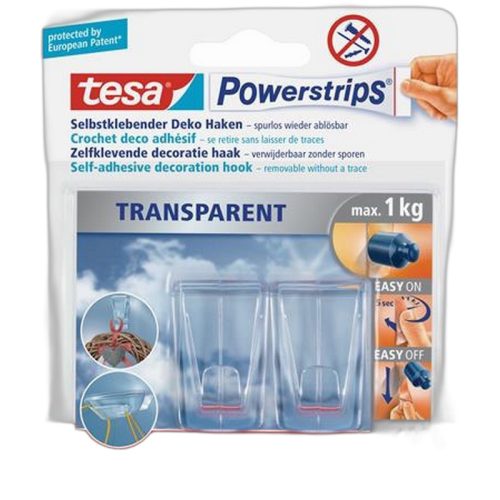 Műanyag akasztó ragasztócsíkkal, TESA "Powerstrips®", átlátszó