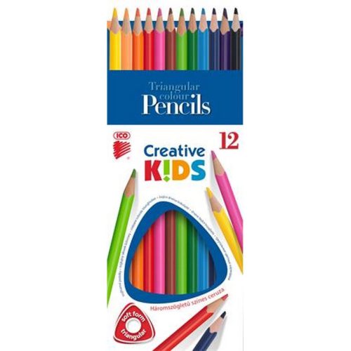 Színes ceruza készlet, háromszögletű, ICO "Creative kids", 12 különböző szín