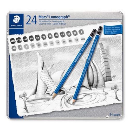 Grafitceruza készlet, fém doboz, hatszögletű, STAEDTLER "Mars® Lumograph® 100", 24 különbö...