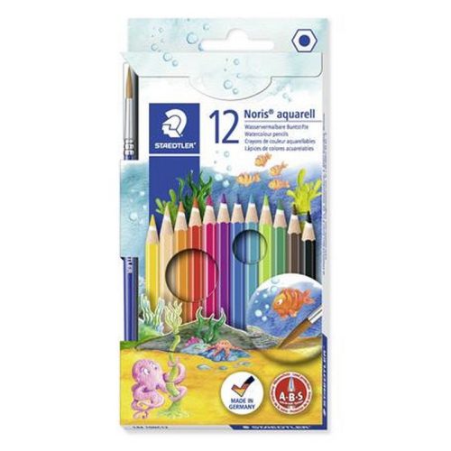 Akvarell ceruza készlet, hatszögletű, ecsettel, STAEDTLER "Noris® aquarell 144 10", 12 kül...