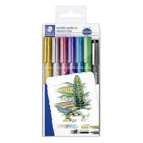 Dekormarker, 1-2 mm, kúpos, STAEDTLER "8323", 6 különböző metál szín, ajándék fekete tusfi...