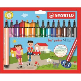   Filctoll készlet, 1,5-2 mm, rugós hegy, STABILO "Trio Scribbi", 14 különböző szín