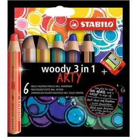   Színes ceruza készlet, kerek, vastag, STABILO "Woody ARTY 3 in 1", 6 különböző szín